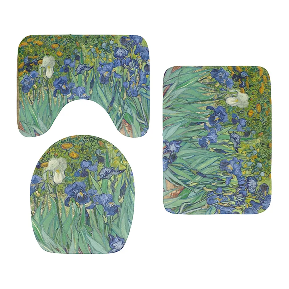 

HX Fashion Toilet Cover Set Van Gogh Oil Painting Sunflower Toilet Mat Bath Mats Flannel Three-piece Suit Dropshipping