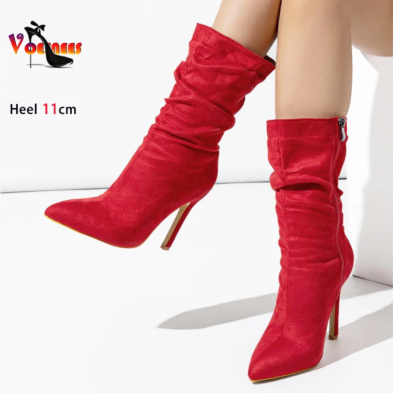 2024 New Woman Mid-tube Boots Faux Suede Pointed Toe Women's Shoes 11CM Stiletto Heels Lady Fashion Pleated Boots Large Size 42