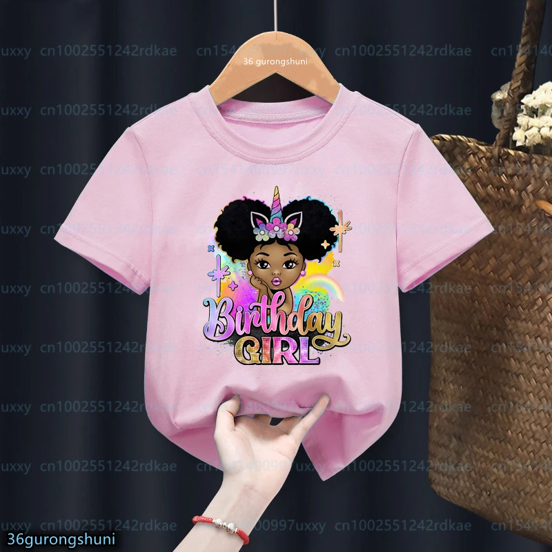 Black Girl Magic Afro Princess, Afro Puff Hair Happy Birthday Girls T-Shirt Unicorn Black Girls Birthday Tshirt Pink tops 1-12y