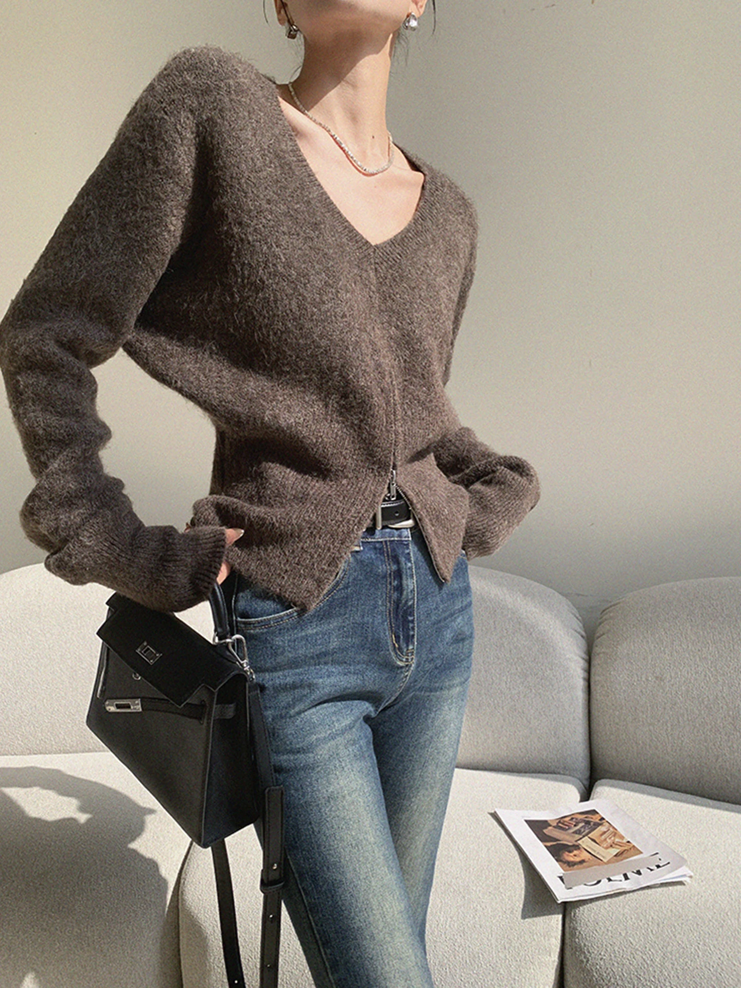 

Женский вязаный свитер Ele Pure Color с длинными рукавами, уникальный дизайн, ретро-стиль, осенняя коллекция