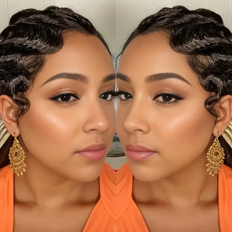 짧은 픽시컷 가발 핑거웨이브 인모 가발 150% 밀도 오션웨이브 기계식 가발