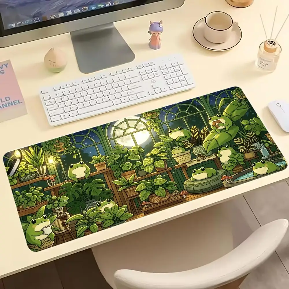 Cartoon Green Frog Greenhouse Large Extended Gaming Mouse Pad Non Slip Desk Surface Botanical Print For Gaming And Office Setup