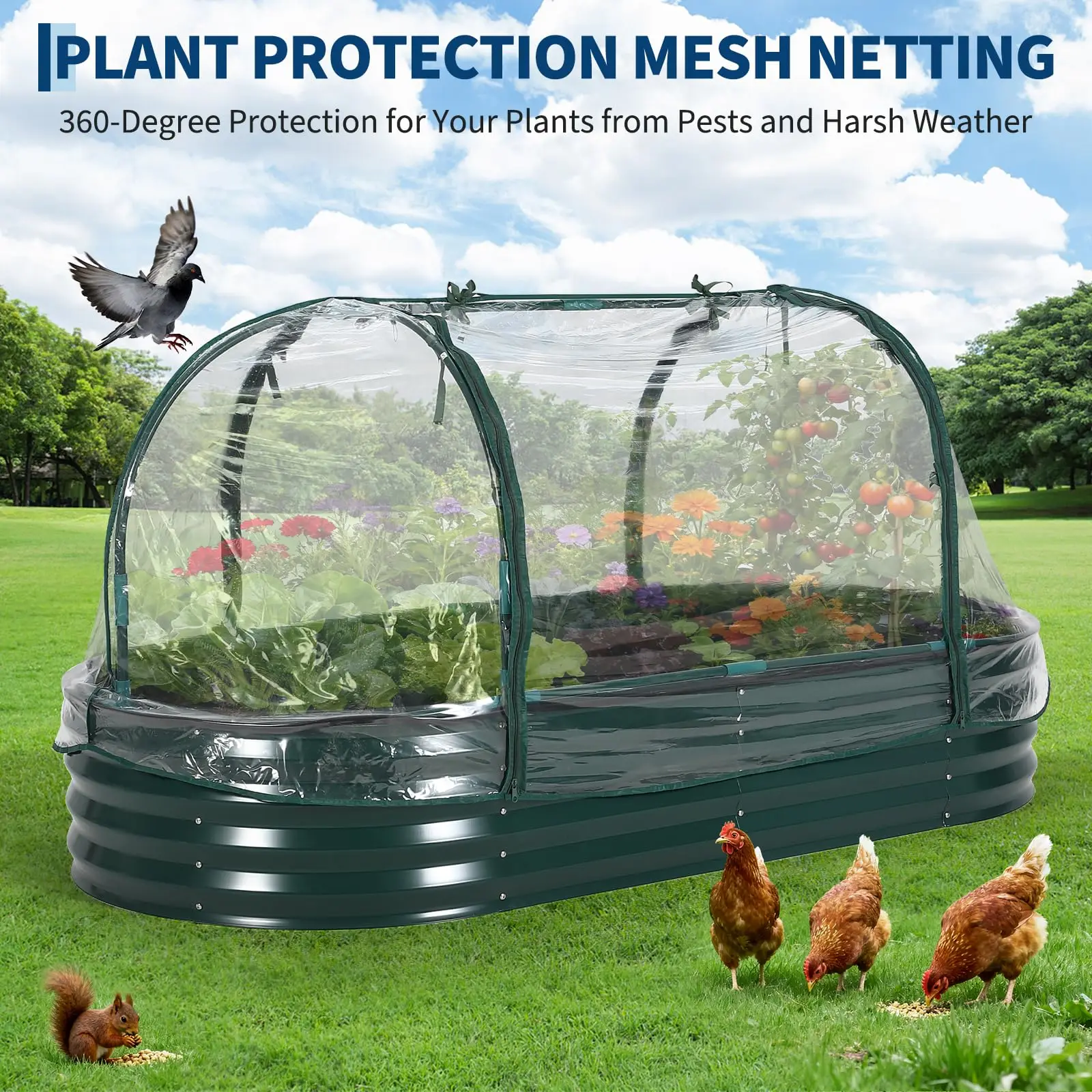 Ovales, verzinktes, erhöhtes Gartenbett-Set mit PVC-Abdeckung mit Reißverschluss, dicker Metall-Pflanzgefäß für Gemüse, Blumen, einfache Montage