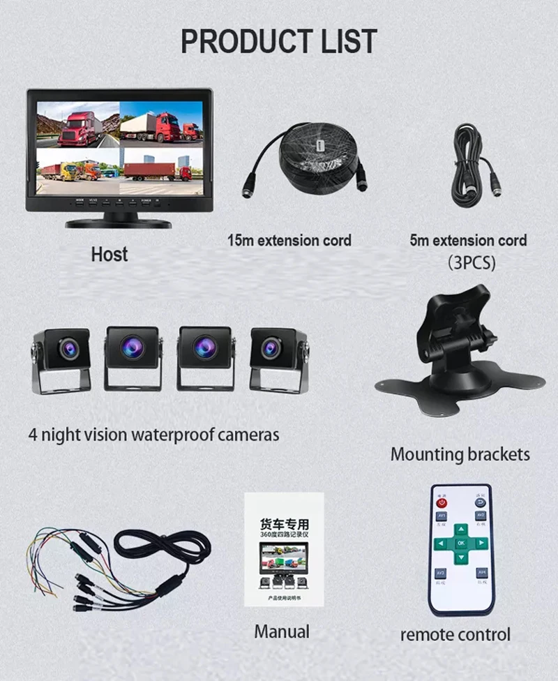 HD 1080P 7" Wired Backup Camera System Quad Split Screen Monitor Waterproof Parking Lines for Truck/Trailer/RV/ Forklift view 3