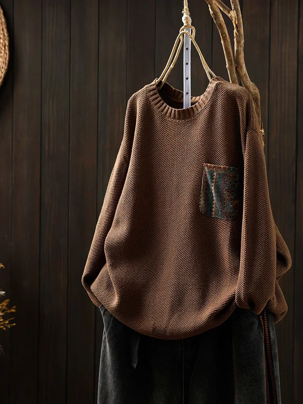 Maglione lavorato a maglia patchwork floreale casual da donna sciolto di grandi dimensioni autunno vintage lungo Sve rotondo Ne pullover filato di cotone