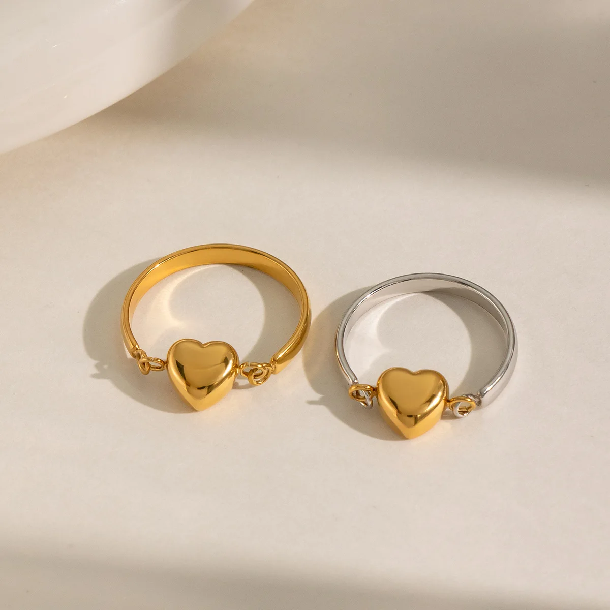 18k Gold Plated Trendy Stainless Steel Small Heart Love Flip Stacked Ring Waterproof Popular Women Statement Jewelry