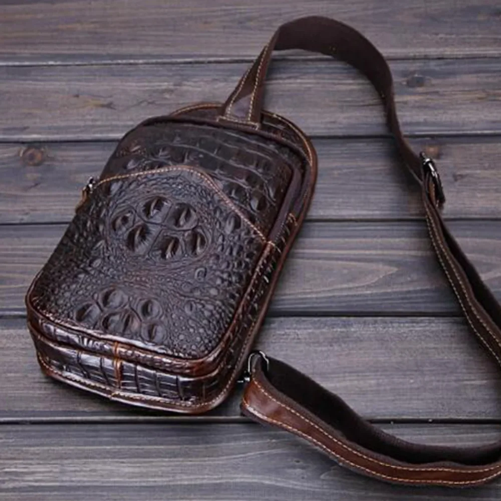 New Top Quality Men Genuine Leather Real Shoulder Messenger Bag First Layer Cowhide Crocodile Style Travel Sling Chest Day Pack