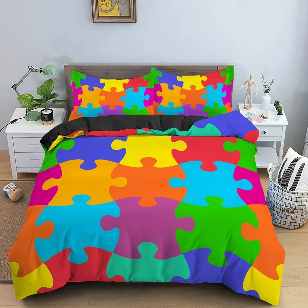 New 3D Print Colorful Puzzle Duvet Cover King Queen Geometric Figure Quilt Cover Simple Polyester Bedding Set for Kids Boys Girl
