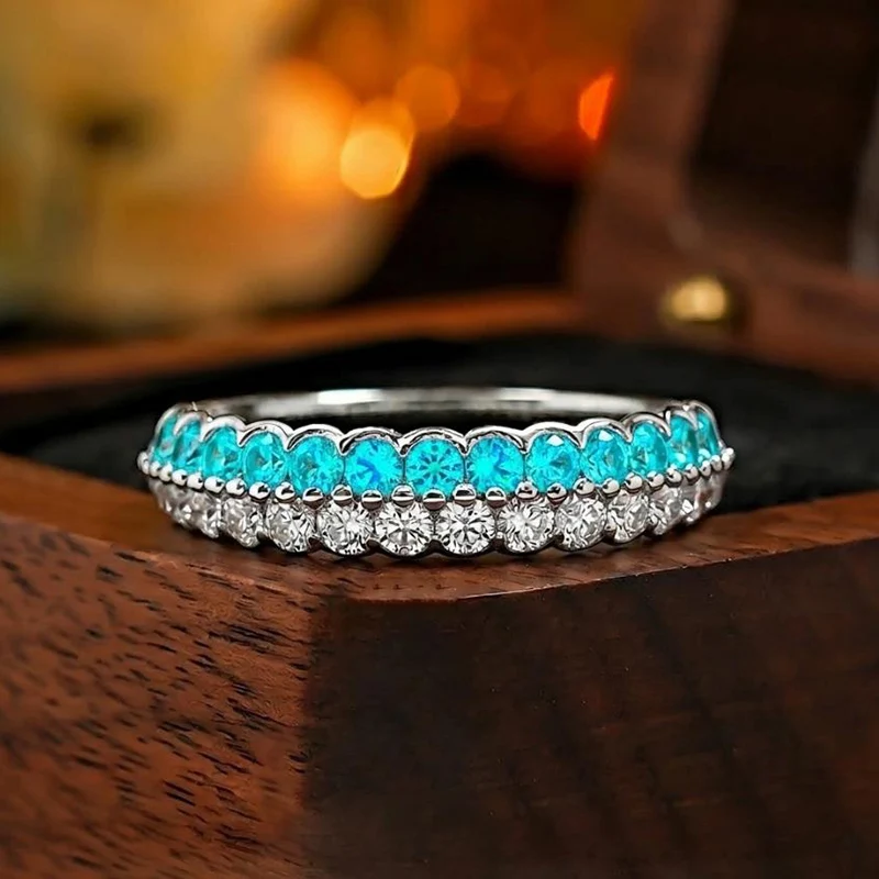 Double Row Zircon Contrasting Color Star Track Ring Fashion Simple Exquisite Rings Layered Sea Blue CZ Finger Jewelry for Women