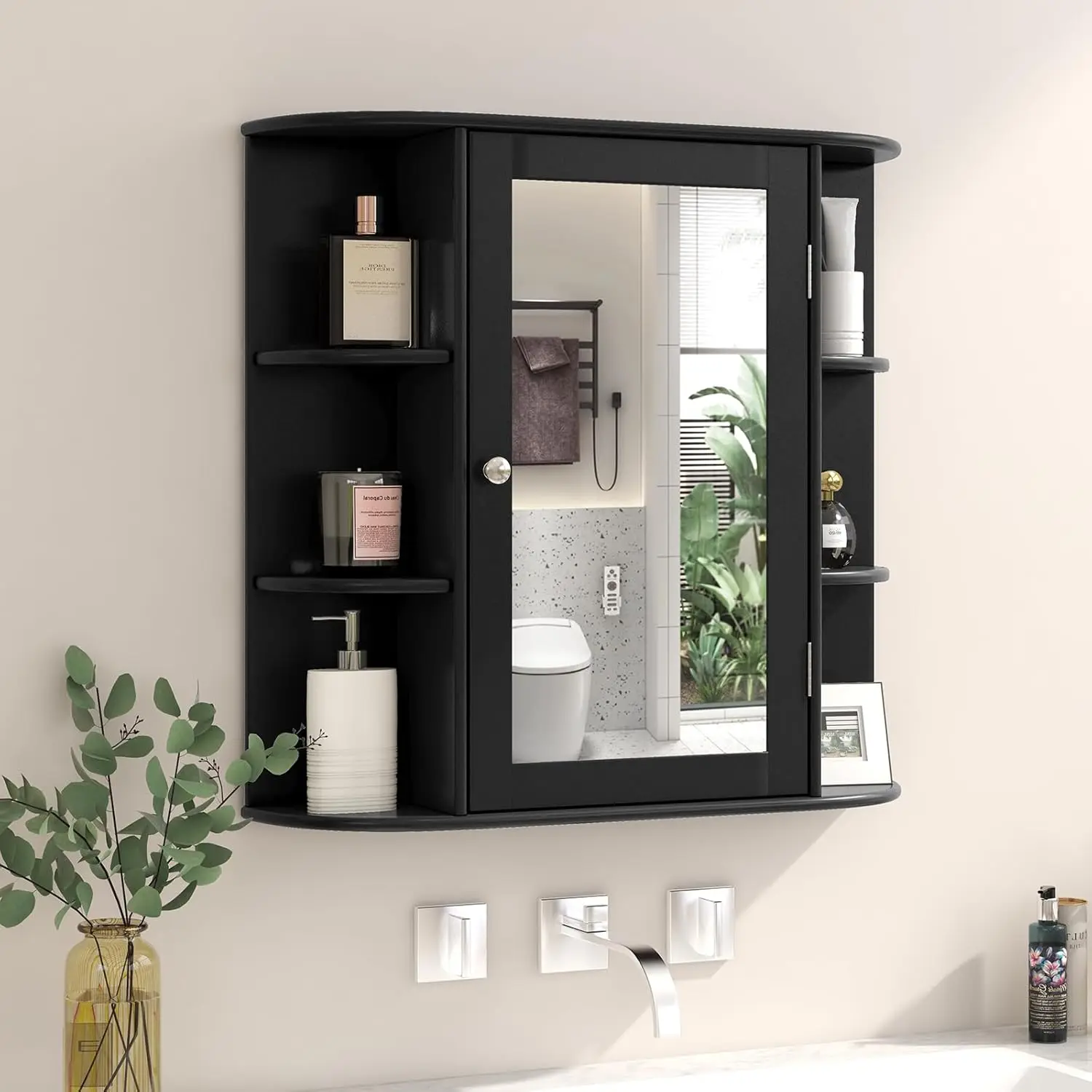 Tangkula Bathroom Medicine Storage Cabinet with Mirror Wall Mounted with Door 6 Open Shelves Adjustable Shelves Black