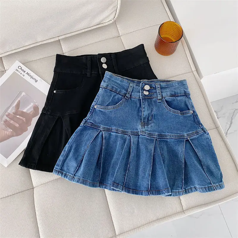 2026 New Black High Waist Denim Mini Skirt Women Niche Design Versatile A Line Pleated Hip Wrap Casual Street Skirt
