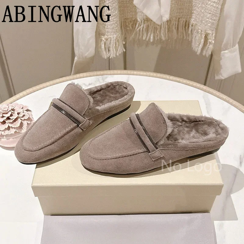 2025 Winter New Suede Inside Fur Slip On Round Toe Warm Slippers for Women Casual Lazy Slippers Outdoor Holiday Shoes Warm Shoes