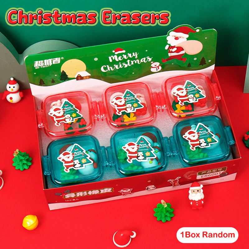 1Box Kawaii Santa Claus Snowman Erasers Drawing Tool Rubber Student Stationery Prizes School Office Supplies Christmas Gift