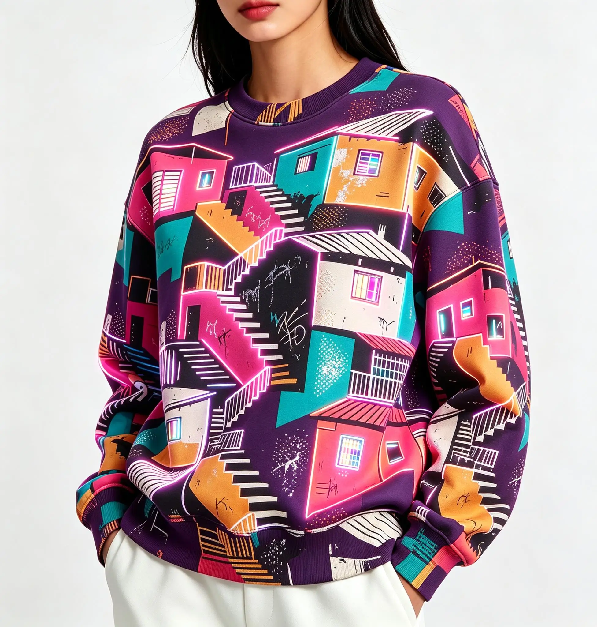 Women Crew Neck Fleece Sweatshirt Abstract Geometric House Village Building Print Long Sleeve Loose No Hood Warm Pullover
