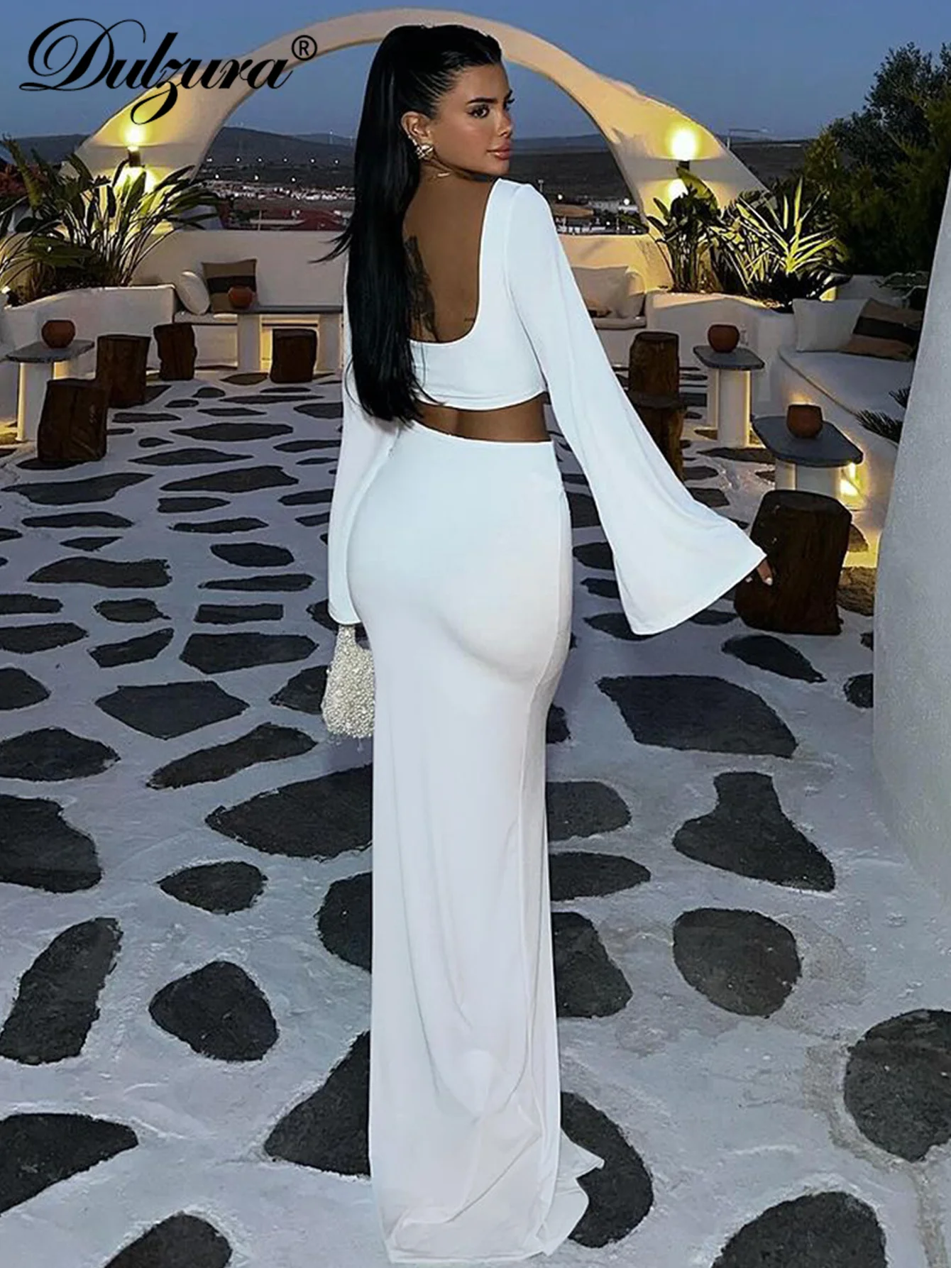 Dulzura Sexy Elegant 2 Piece Skirt Set With Button Long Bell Sleeves Backless Crop Top Side Slit Skirt Matching Set Party Club