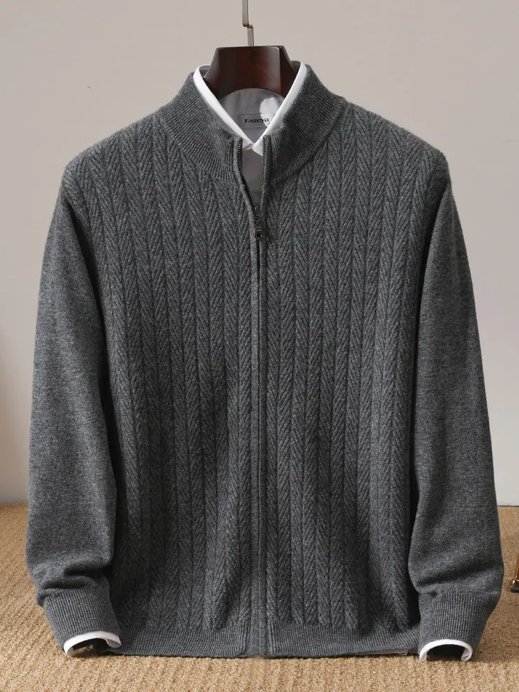 100% Australian wool zip-up cardigan stand-up collar thickened solid color jacquard sweater business cashmere knitted jacket