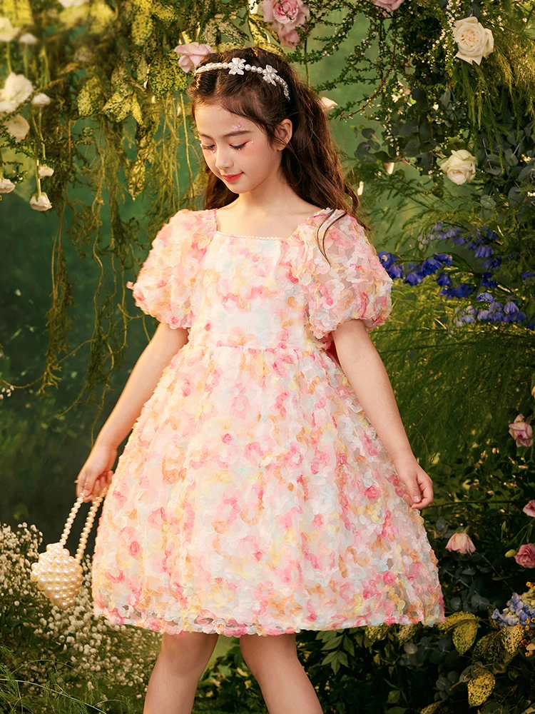 

Girls Summer Cute Princess Dresses Short Puff Sleeve Kids Kawaii Floral Bowknot Party 4T 11yrs Children Clothing 100cm 160cm