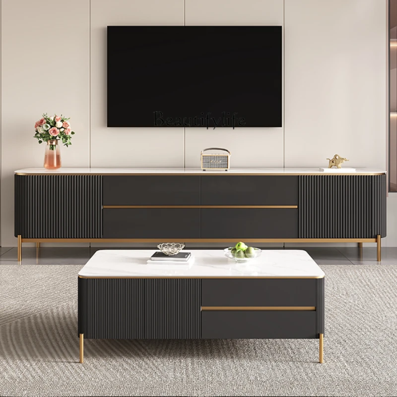 

Light Luxury Stone Plate TV Cabinet Simple Modern Black Square Coffee Table Floor Cabinet Blocking Socket