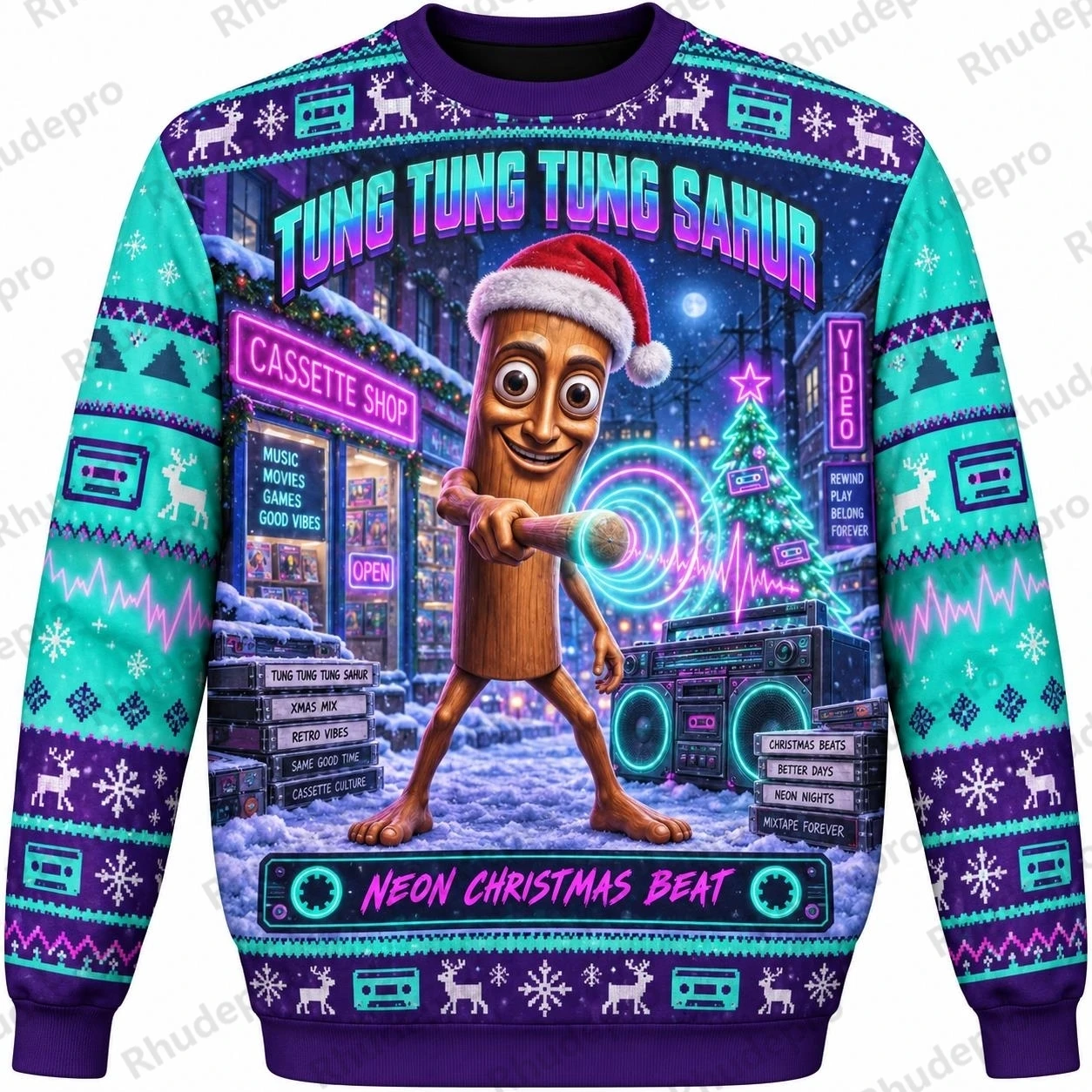 Ugly Christmas Sweater Tung Tung Tung Sahur Neon Arcade Crewneck Sweatshirt Polyester 3D Print Funny Holiday Pullover