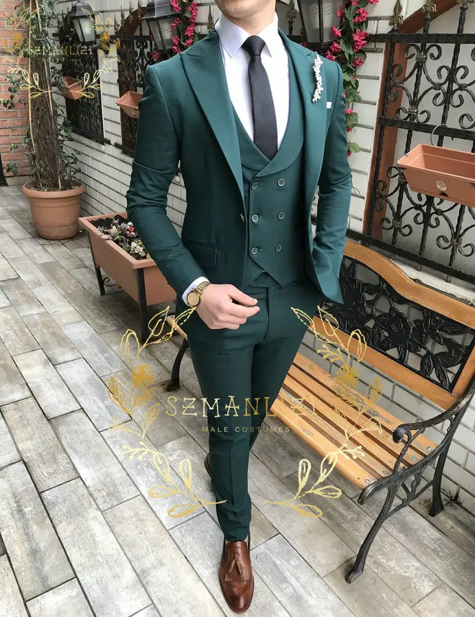 

SZMANLIZI Green Casual Business Men's 3 Pieces Suits Slim Fit Peaked Lapel Groom Tuxedos For Wedding Best Man Blazer+Vest+Pants