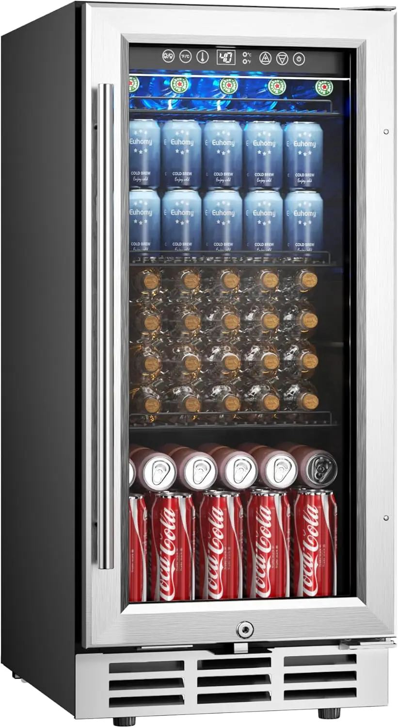 15 Inch Beverage Refrigerator Cooler Under Counter 127 Cans Beverage Fridge Built-in or Freestanding with Glass Door, LED