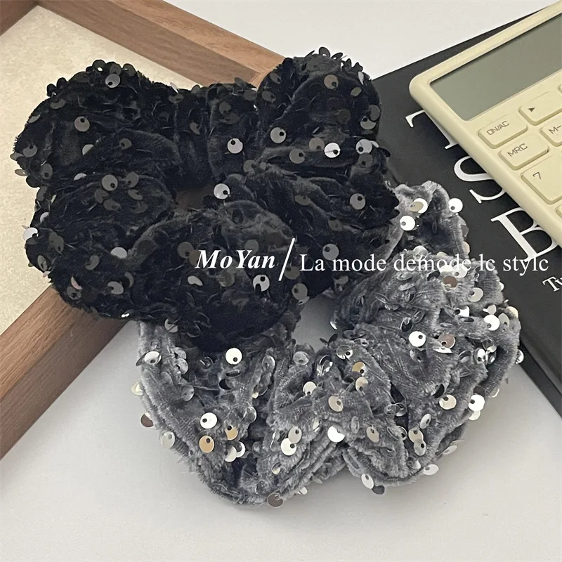 Velvet Sequin Hair Scrunchies For Women Black Hairband Girls Head Rope High Ponytail Durable Loop Hair Accessories