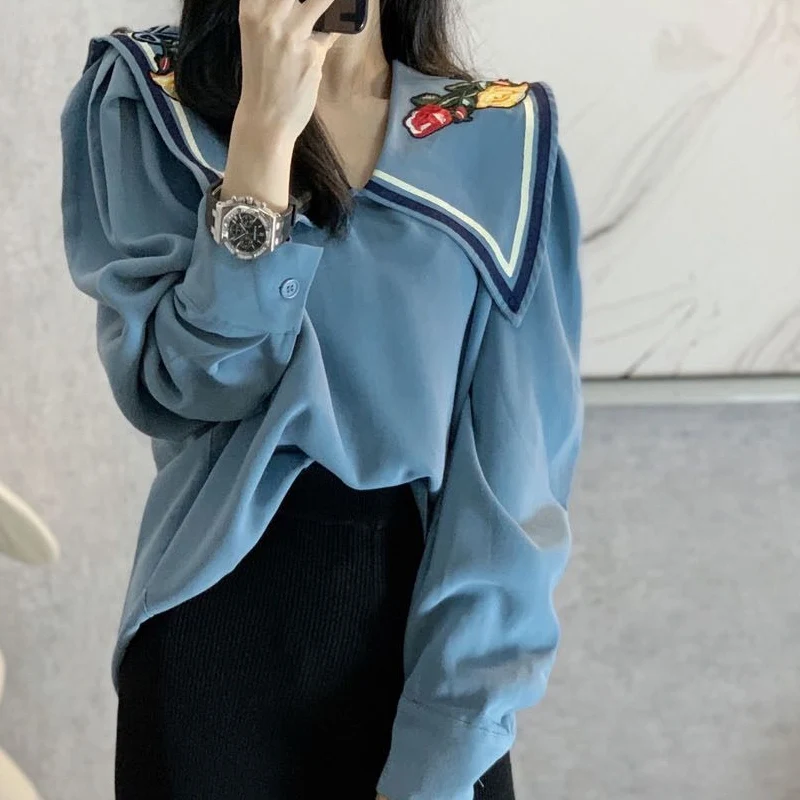 Spring Autumn New POLO Collar Fashion Long Sleeve Blouse Women High Street Casual Loose Printing Pullovers Elegant All-match Top