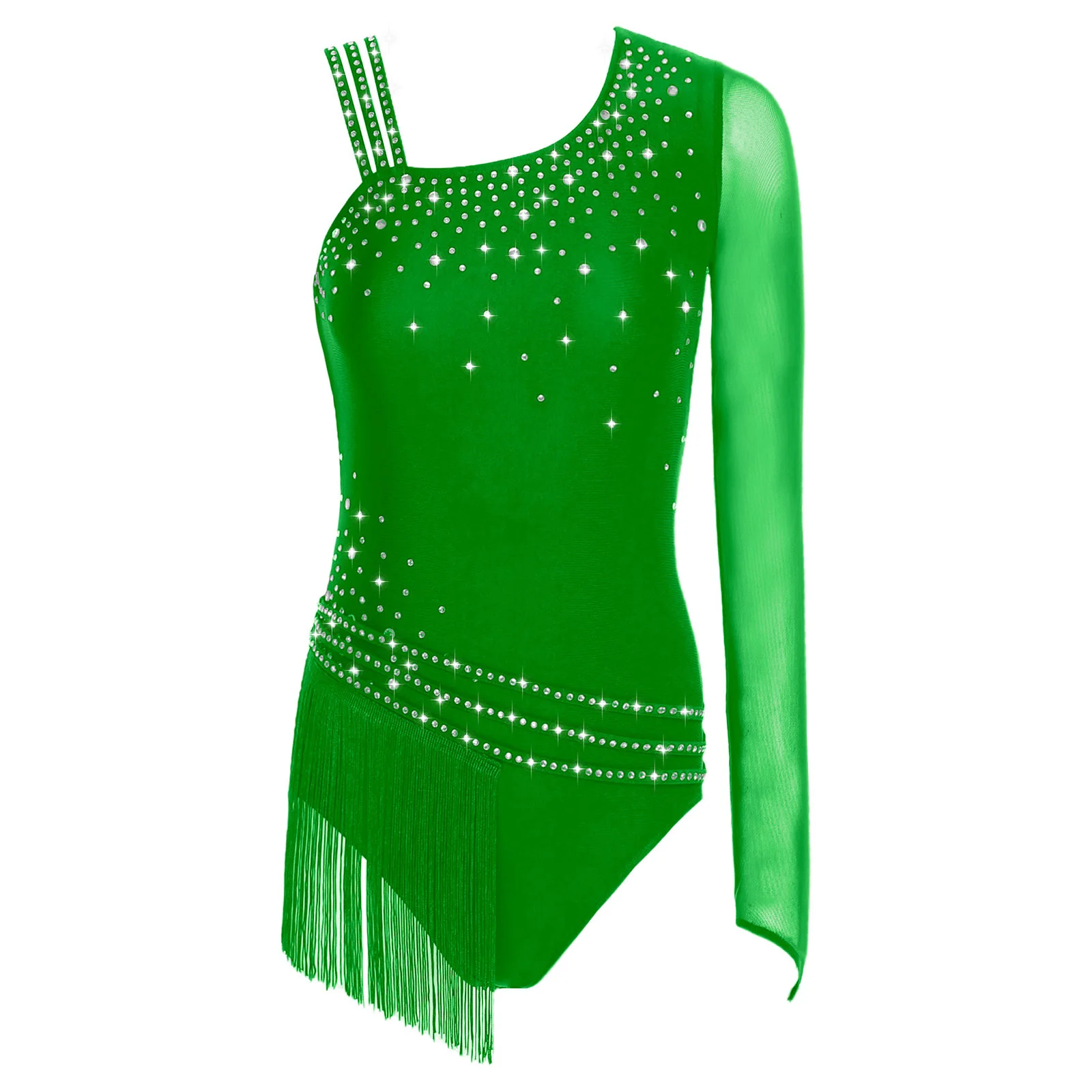 

Women Asymmetric Shoulder Fringe Dance Leotards Rhinestones Figure Skating Rhythmic Gymnastic Tassel Bodysuit Dress Dancewear