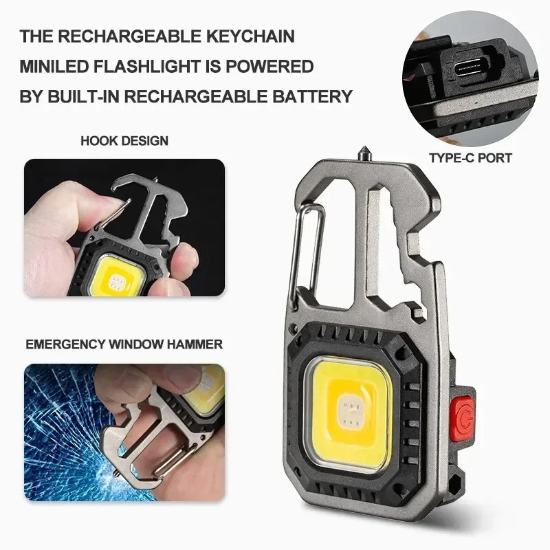 Mini LED Portable Keychain Flashlight Outdoor COB Work Light Emergency Lighting With Window Hammer Bottle Opener Lamp Camping