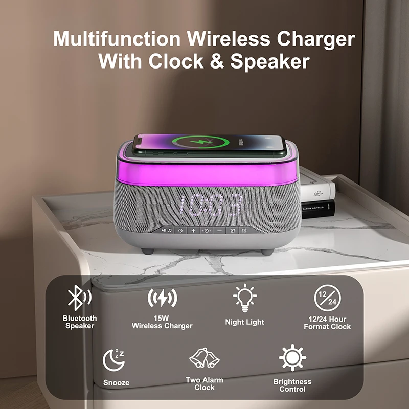 Caricabatterie wireless per telefono cellulare a ricarica rapida multifunzione 4 in 1 da 15 W con sveglia, luce notturna e altoparlante Blue Tooth