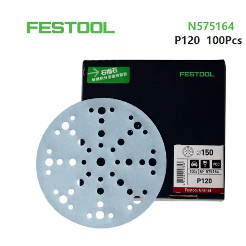 10PCS Original German FESTOOL Light Blue Garnet Dry Sandpaper 6 48-Hole Circular Abrasive Automotive Carpenter 80Grit-500 Mesh