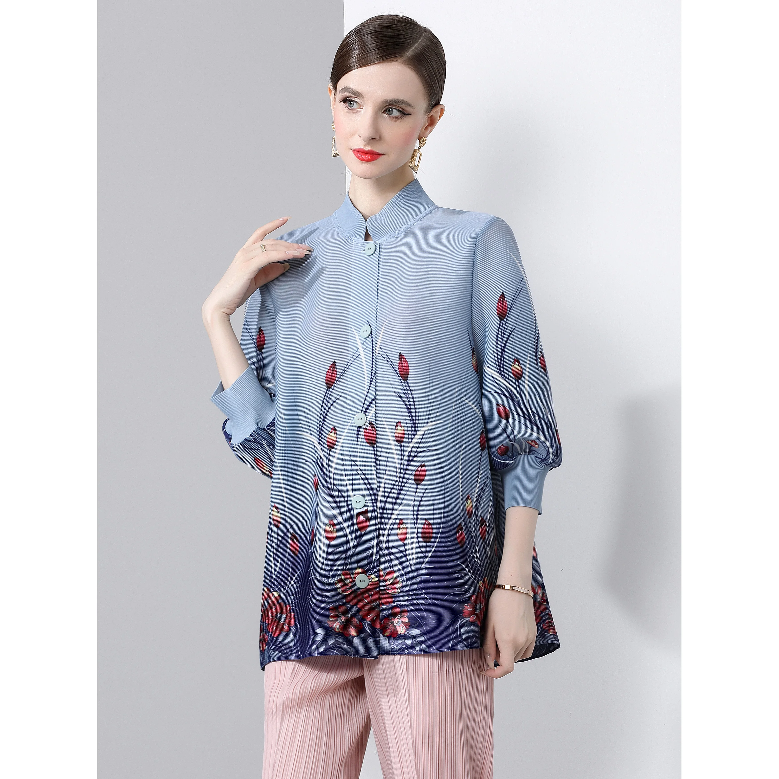 Miyake Guofeng Folds 2024 New Summer Foreign Style Printed Top Jacket Lantern Sleeve Women's Clothing