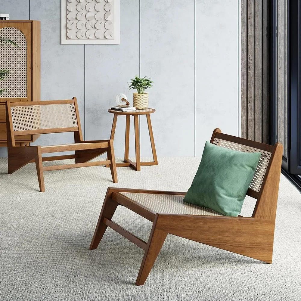 Mid Century Modern Chair Japandi Walnut Rattan and Wood Lounge Chairs Armless Accent Chair for Living Room Bedroom Balcony & Pa