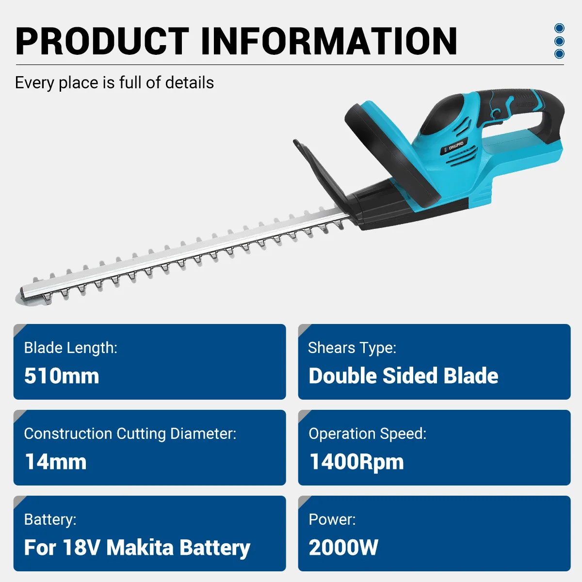 Imagem -03 - Drillpro-cortador de Sebes Elétrico sem Fio sem Fio Cortador de Sebes Serra de Poda Lâmina Dupla Ferramenta de Jardim Bateria Makita 510 mm