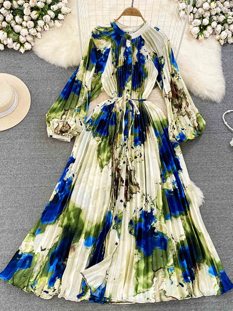 

New Spring Autumn Women's Retro Print Pleated Long Maxi Dress Small Stand-up Collar Puff Sleeve Loose Holiday Dress A99