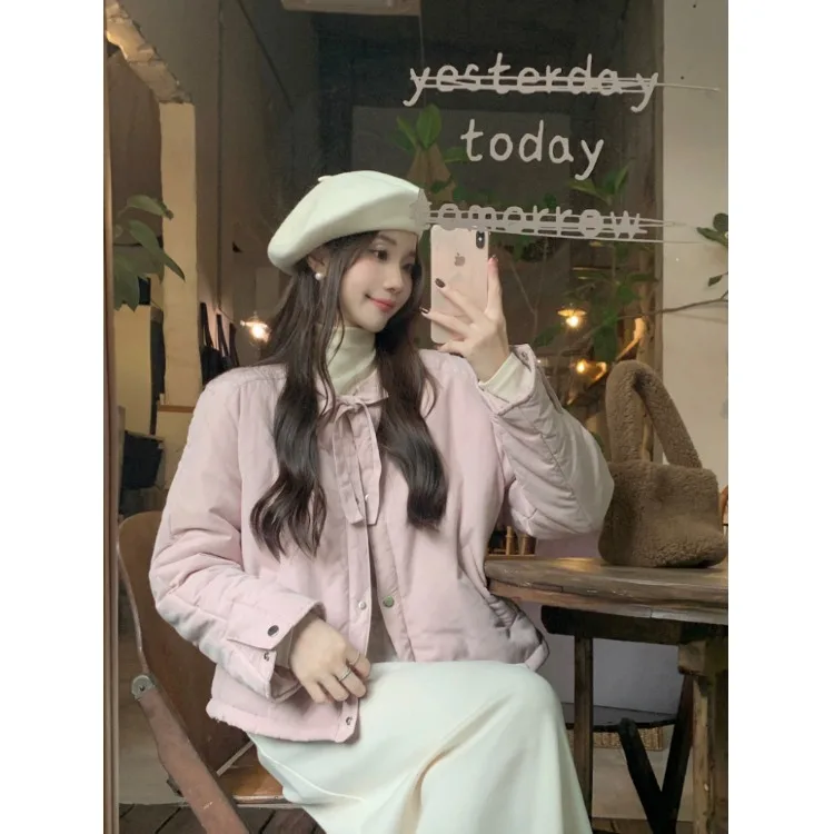 

Korean Sle Sweet College Girl Cotton Jaet Dstring round Ne Women's Coat Long Sve Loose Fit Knot Design