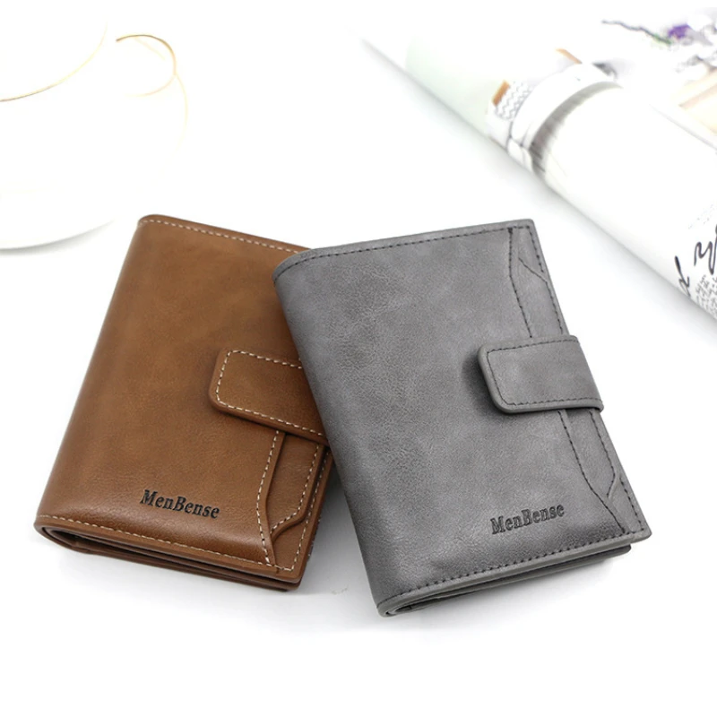 New Men's Wallet PU leather Short Snap Buckle Casual Card Bag Vertical Loose leaf Men's Wallet with Insert Card Purse Male