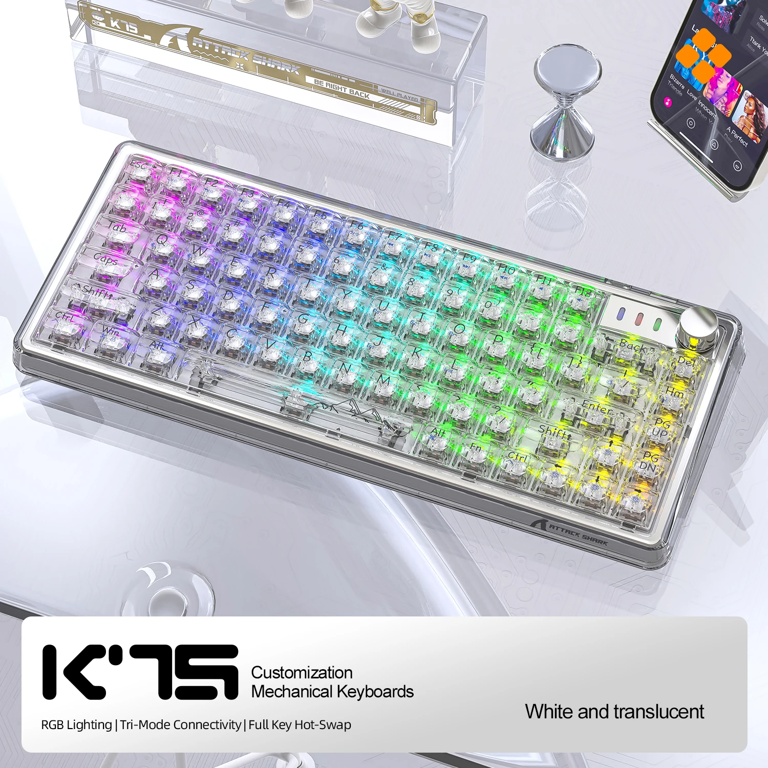 

ATTACK SHARK K75 Transparent Mechanical Keyboard,Three-mode Connection PC Shell,Two-color Injection-molded Hinge,RGB Backlight