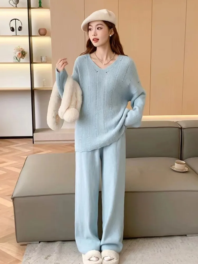 

Autumn Winter Sweater Two Piece Set Women Solid Hollow Out V-neck Long Sleeve Loose Knitted Top+Wide Leg Pants Casual Mujer Suit