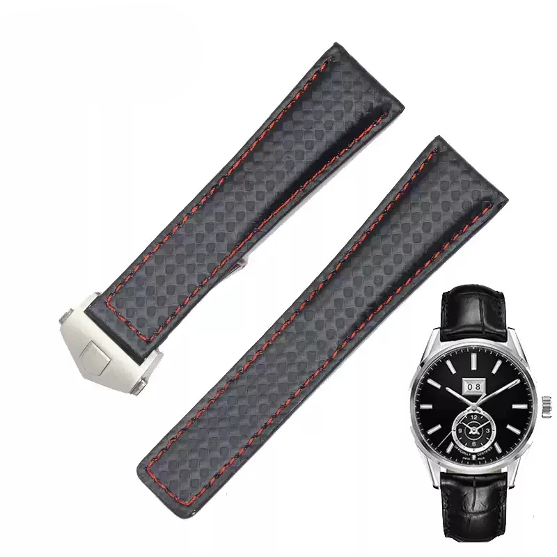

Carbon fiber textured cowhide black red strap For Tag Heuer Aquaracer 300 CARRERA F1 Watch Strap Bracelet Men 19mm 20mm 22mm