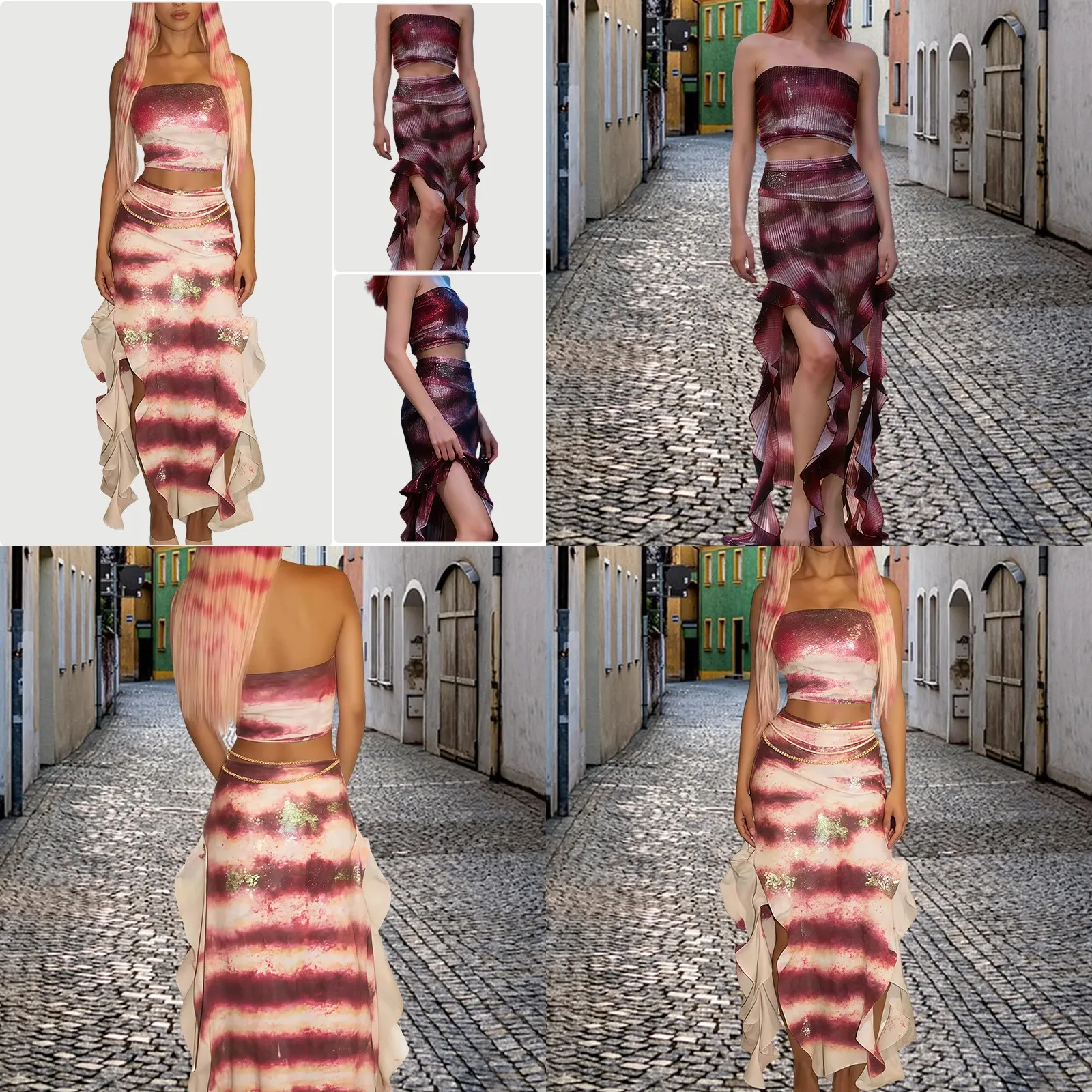 2025 New Gradient Bustier Top Ruffle Split Skirt Set Sexy Elegant Evening Dress