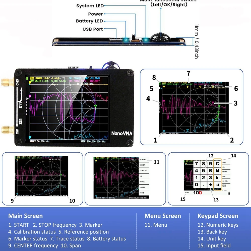 NanoVNA-H Antenna Vector Network Antenna Analyzer MF HF VHF UHF Band SD Card Slot