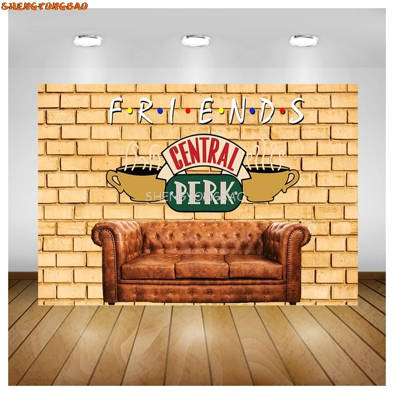 Friends Central Perk Backdrop Red Brick Wall Retro Pub Sofa and Coffee For 80s 90s Birthday Party Decoration Portrait Photoshoot