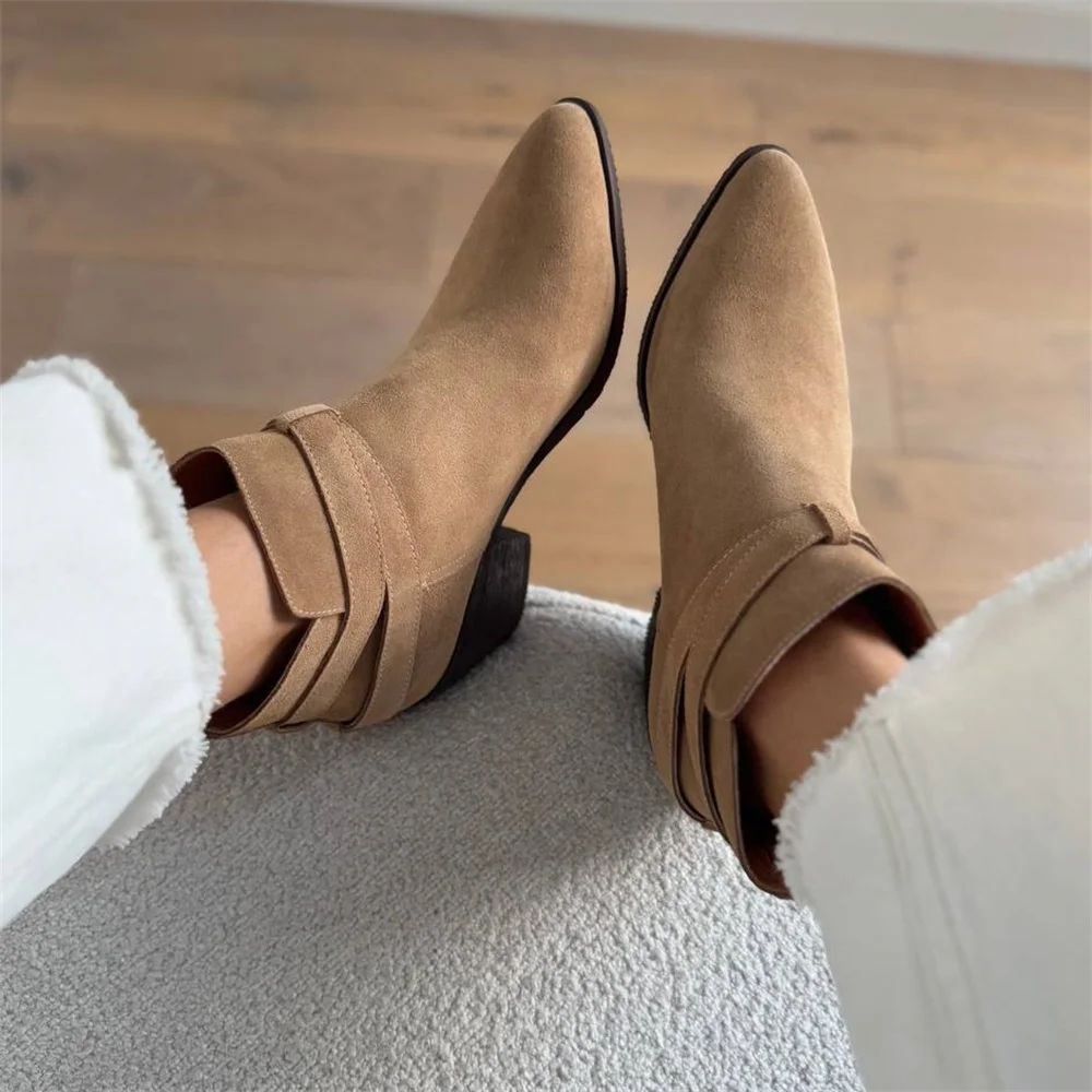 FEDONAS Women's Suede Western Ankle Boots with High Heels