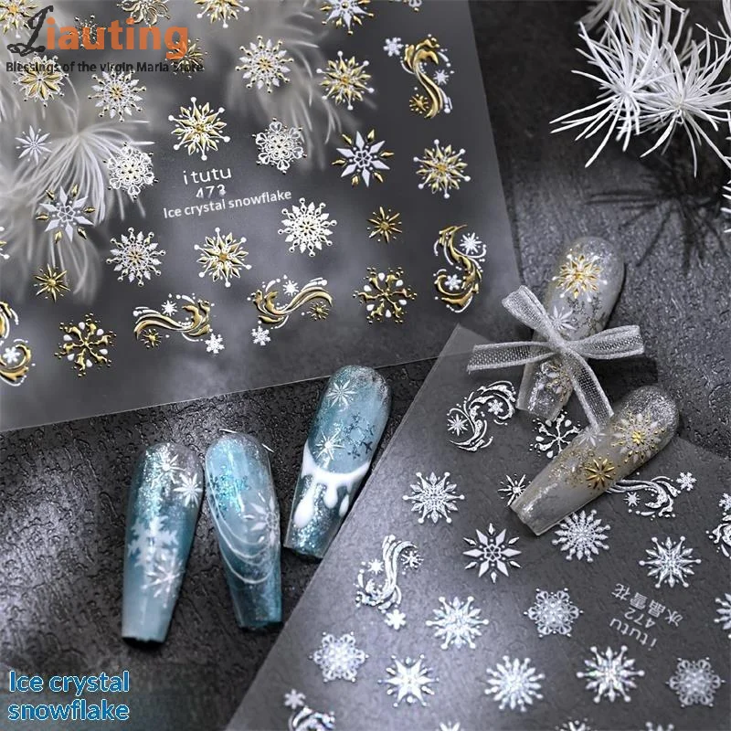 Pretty Snowflake Bow Crystal Ball Nail Art Sticker Embossment Self Adhesive Nail Sticker New Year Christmas Manicure Decals Gift