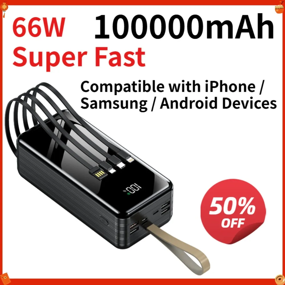 100000mAh Power Bank 66W Fast Charging Built-in Cable Portable Charger Compatible with iPhone Samsung Android PowerBank