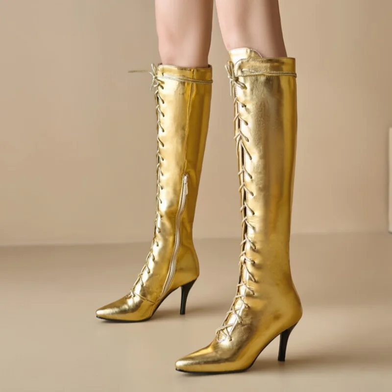 

Модные сапоги до колена на высоком каблуке 7,5 см с перекрестным ремешком, новые сексуальные короткие плюшевые теплые зимние женские сапоги, размер 34-46