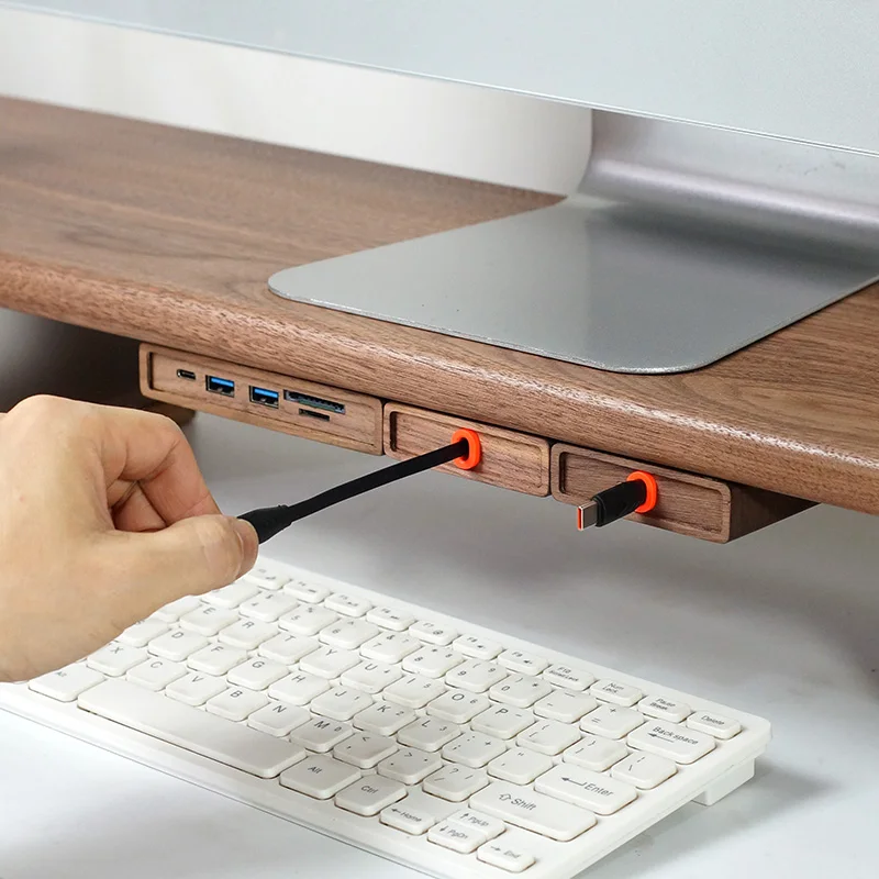 Extendable Charging Cord Holder Walnut Cable Organizer Self-Adhesive Desk Wire Management for Phone Laptop Minimalist Cord Clip