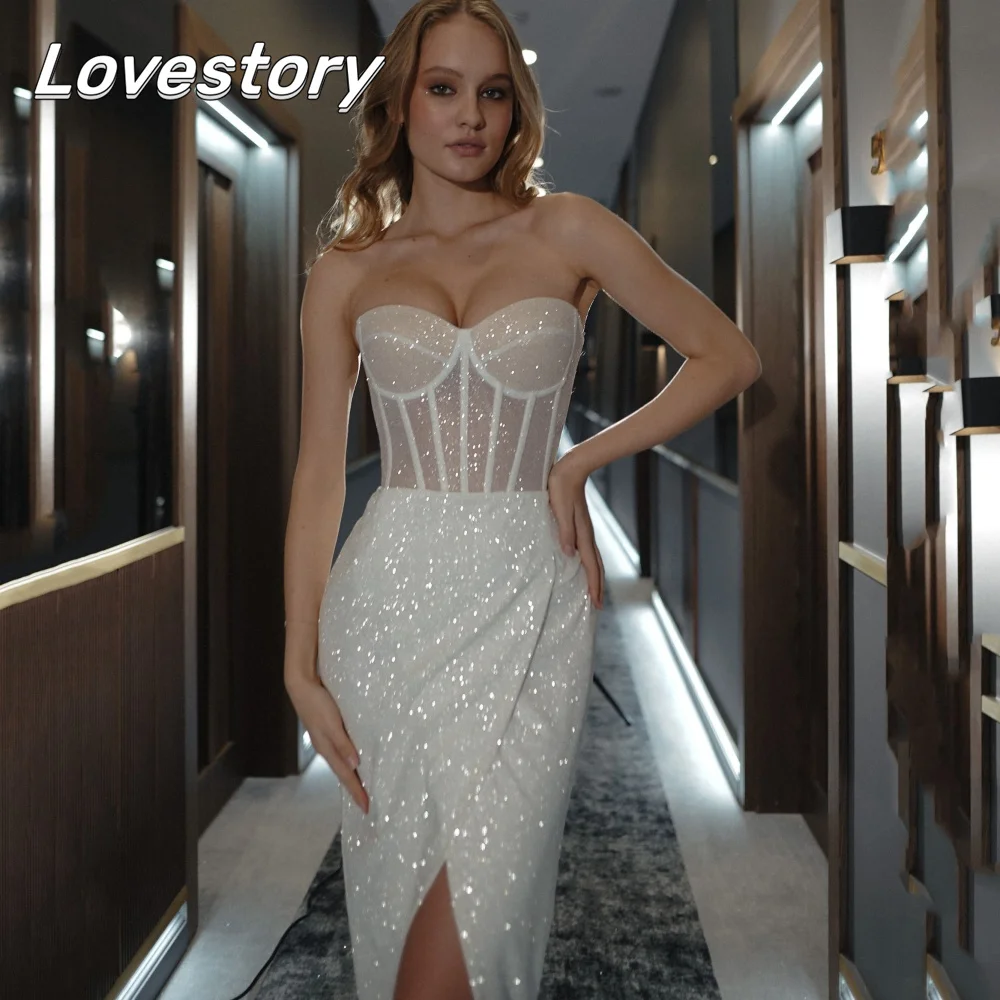 

Sexy Shiny Wedding Dresses Sheath Sweetheart Illusion Bridal Dress Back Lace Up Bridal Gowns New Custom Vestidos De Novia