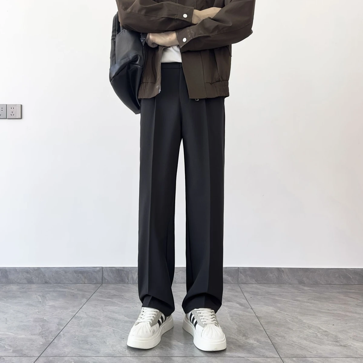 

Loose Straight Leg Bla Casual Pants for Men Autumn Spring Season Wide Leg Suit Trousers Busin Gentleman Sle Cotton Blend